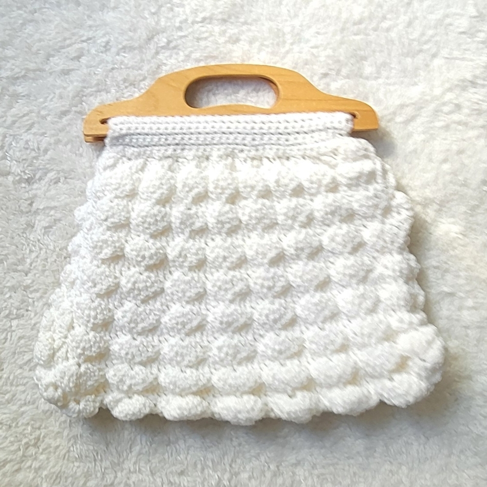 Handmade Chic White Boho Crochet Handbag with Wood Handle